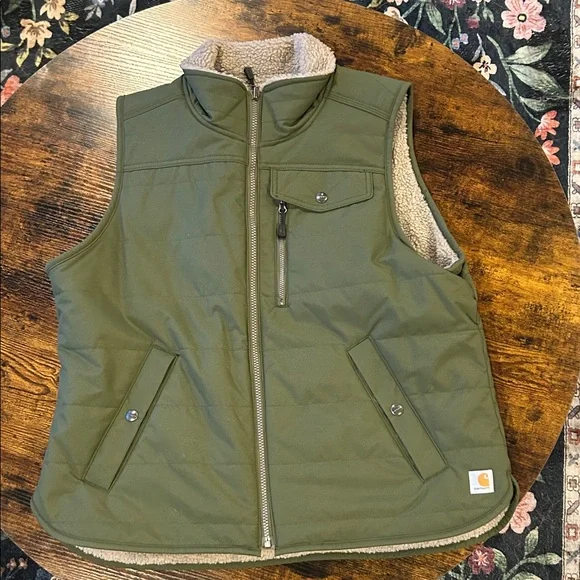 Vintage Women’s Carhartt Olive Quilted Vest with Sherpa Lining - Picture 1 of 5